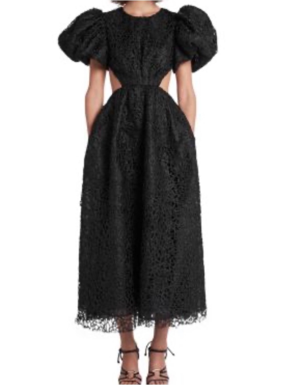 Aje Black Patina Lace Puff-Sleeve Midi Dress Size 4
